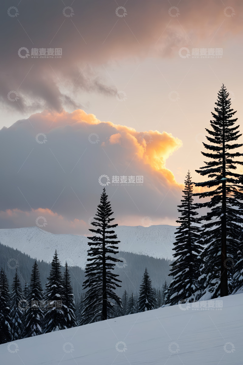 高清大图下载【趣麦麦图】雪山森林日落自然风光