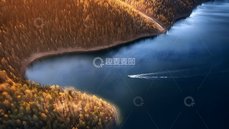 高清大图下载【趣麦麦图】秋色湖光快艇行