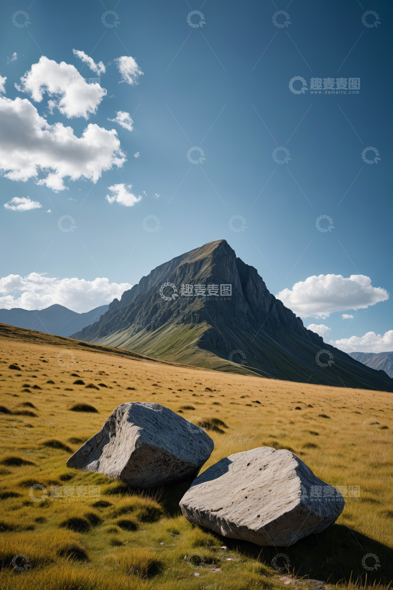 高清大图下载【趣麦麦图】草原上的巨石与远山风景