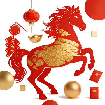 中国红喜庆马年剪纸图案