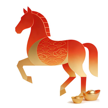 剪纸风生肖马金元宝元素