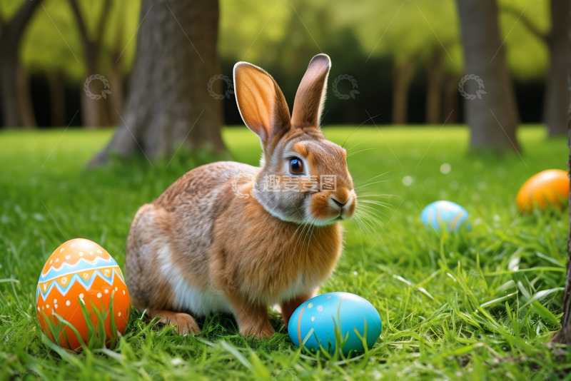 高清大图下载【趣麦麦图】草地上复活节兔子与彩蛋