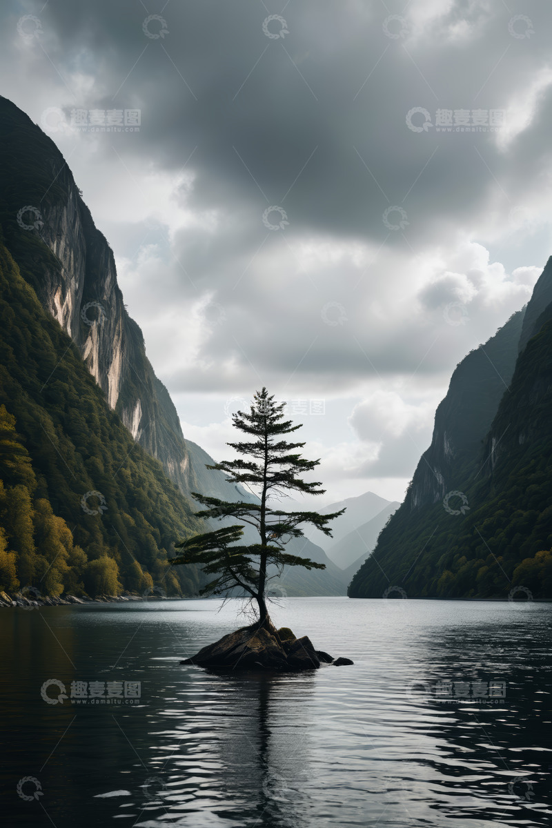 高清大图下载【趣麦麦图】湖心孤树山水风景