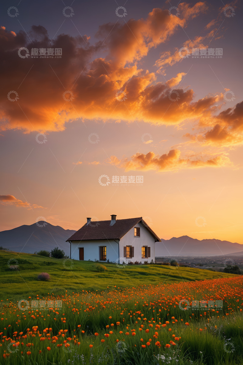 高清大图下载【趣麦麦图】黄昏时山坡上的小屋与花田