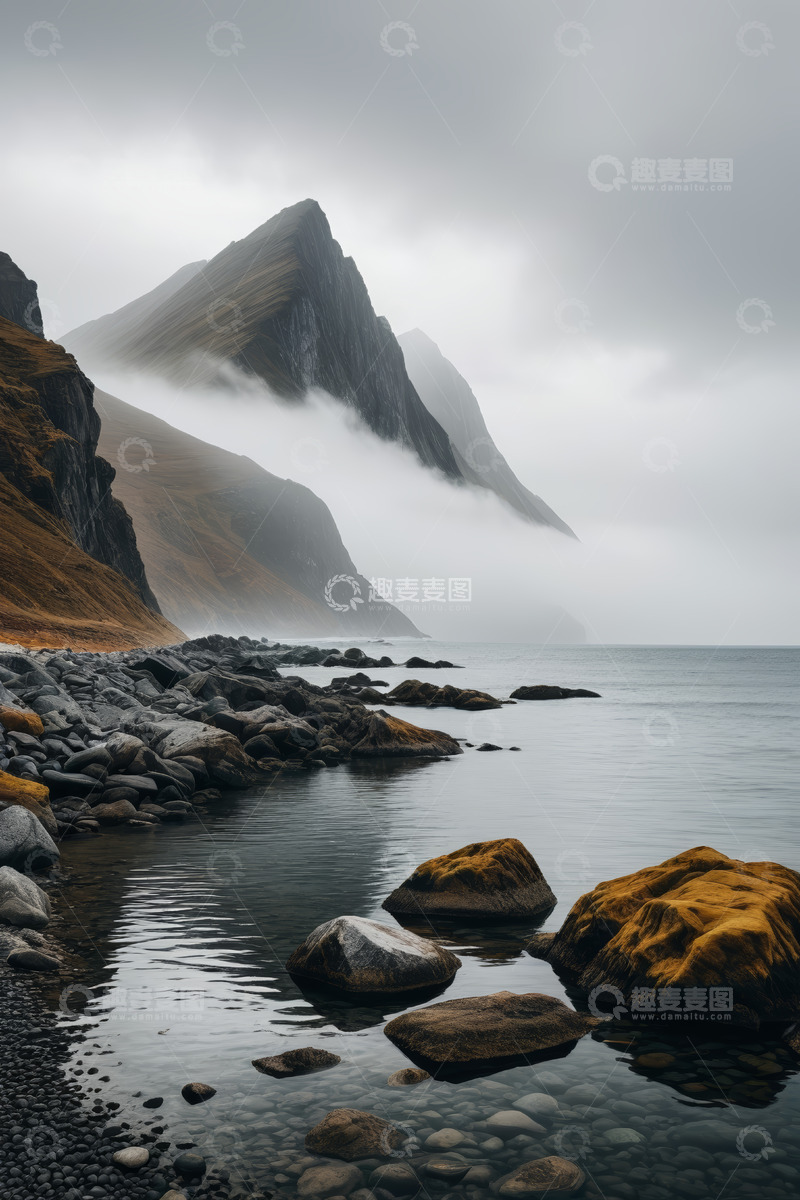 高清大图下载【趣麦麦图】海边云雾缭绕的山峰景观