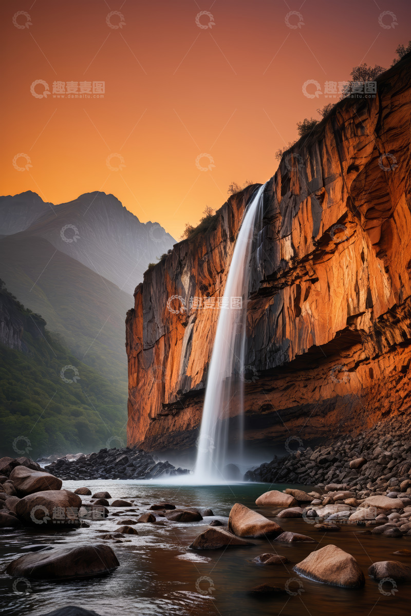 高清大图下载【趣麦麦图】夕阳下山谷中的瀑布景观