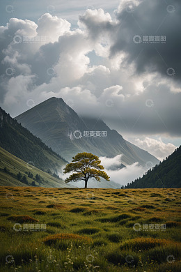 山间草原上的孤树与云雾景观