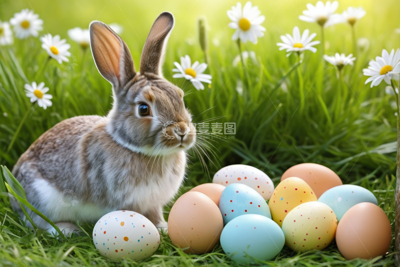 高清大图下载【趣麦麦图】草地上的兔子与彩蛋