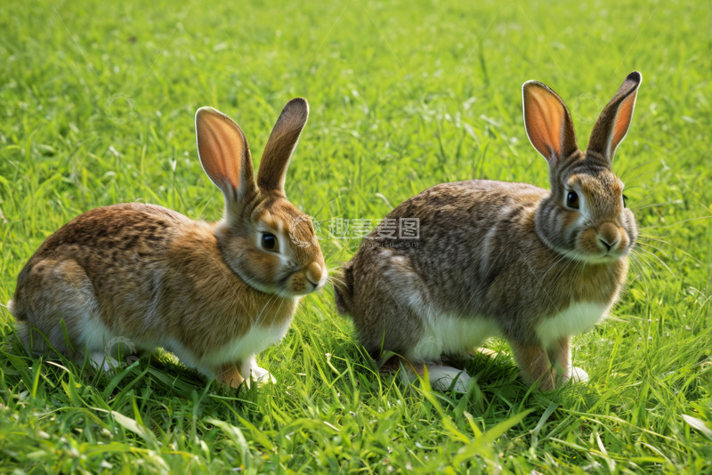 高清大图下载【趣麦麦图】草地上的两只兔子