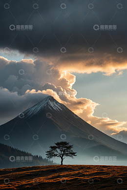 山间孤树与壮丽雪山景象