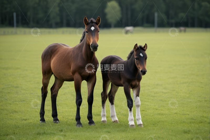 高清大图下载【趣麦麦图】草地上的成年马与小马驹
