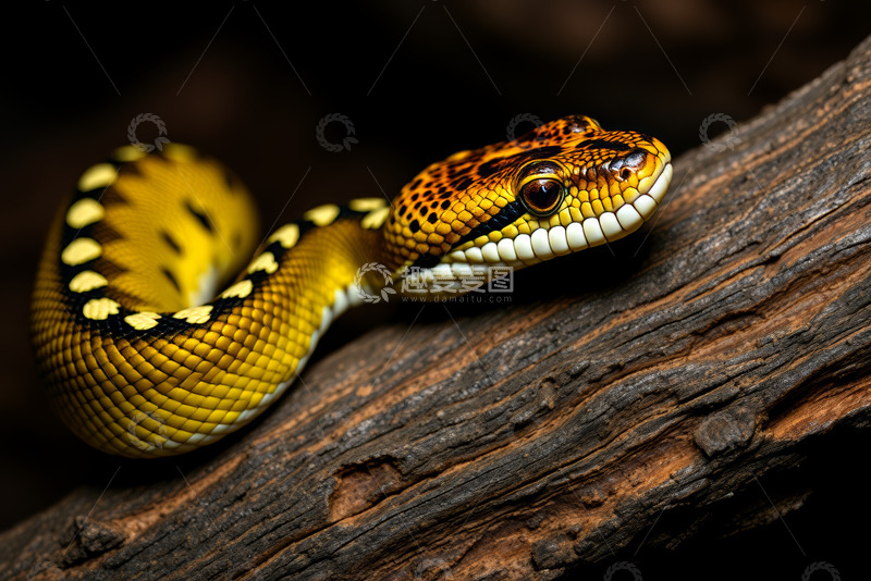 高清大图下载【趣麦麦图】树干上的彩色花纹蛇特写