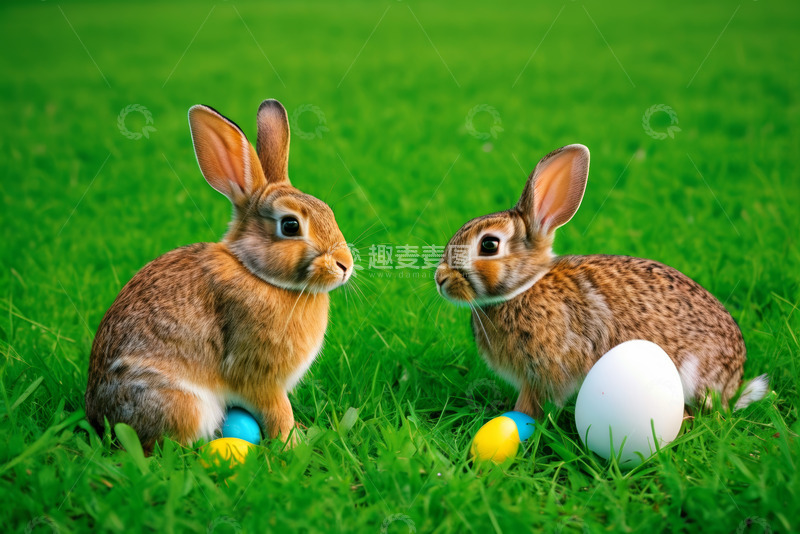 高清大图下载【趣麦麦图】草地上的复活节兔子与彩蛋