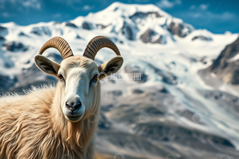 高清大图下载【趣麦麦图】雪山下的盘角羊特写