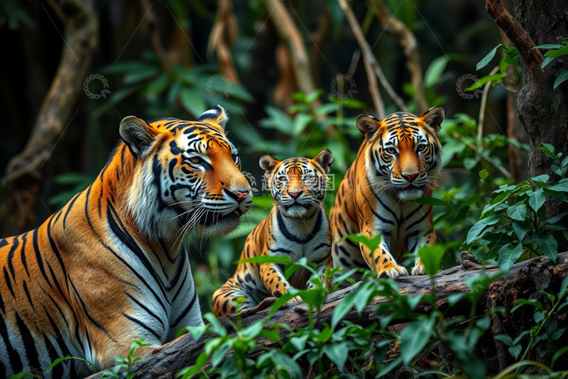 高清大图下载【趣麦麦图】丛林中的老虎家庭