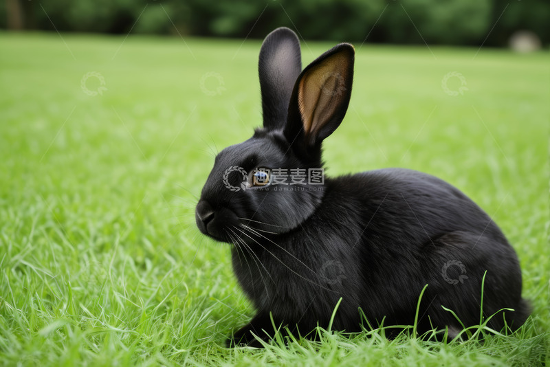 高清大图下载【趣麦麦图】草地上的黑色兔子