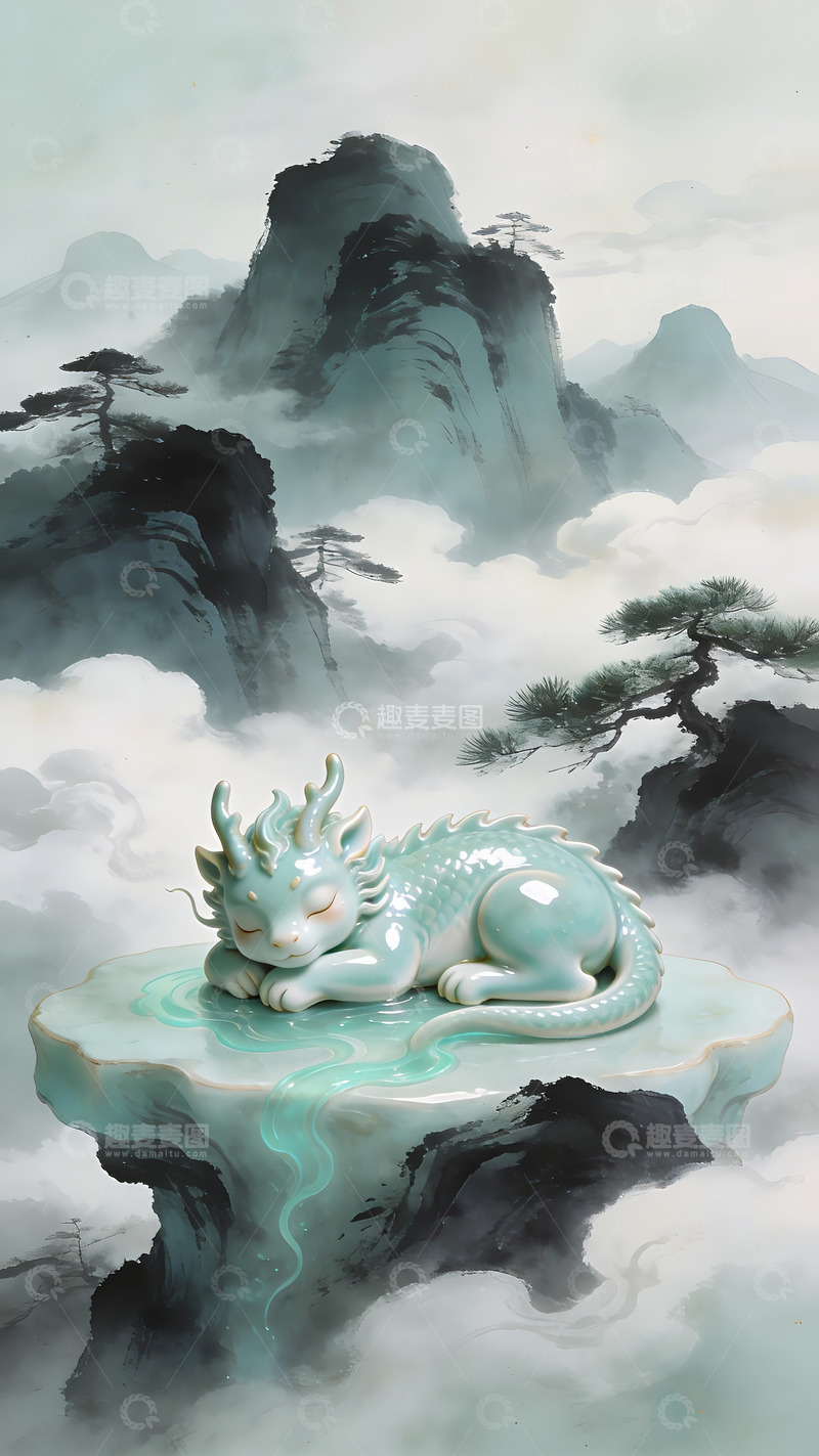 高清大图下载【趣麦麦图】青瓷祥龙卧云崖