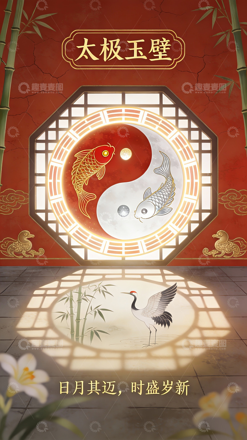 高清大图下载【趣麦麦图】太极玉壁：锦鲤映日月的祥瑞之境