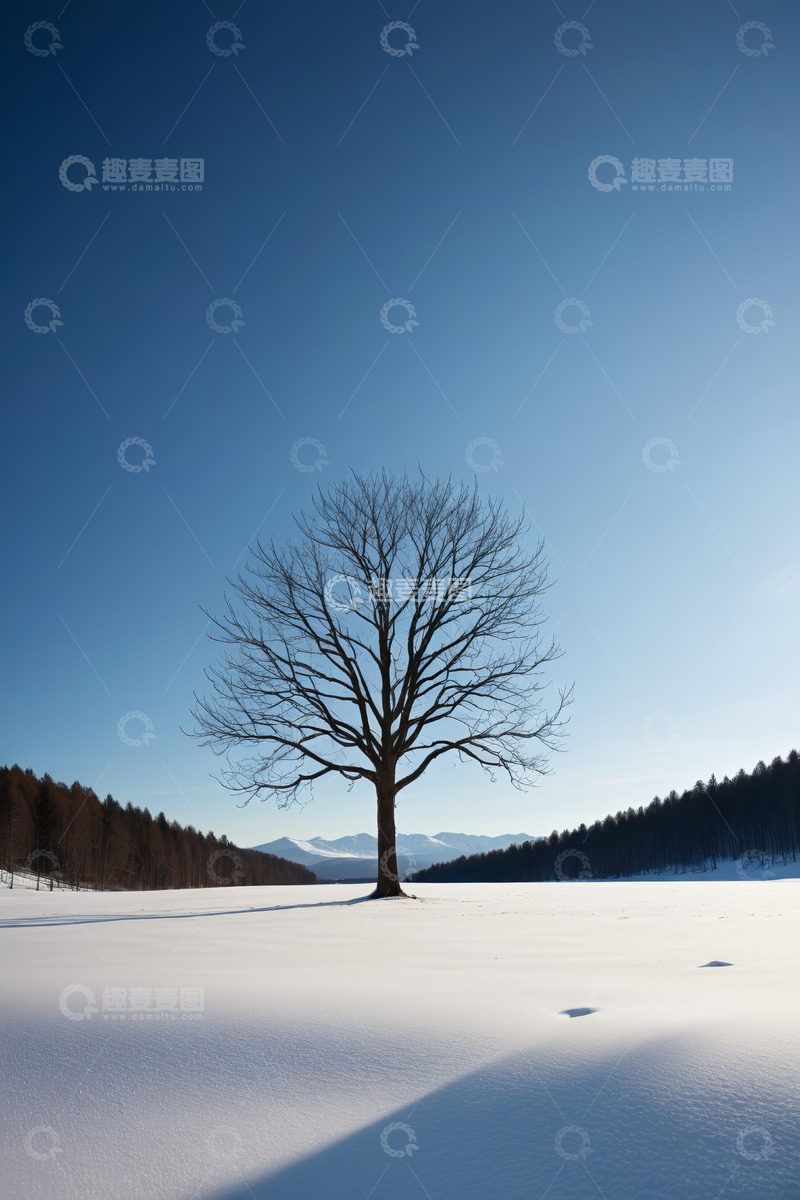 高清大图下载【趣麦麦图】雪地中一棵光秃树木的自然景象