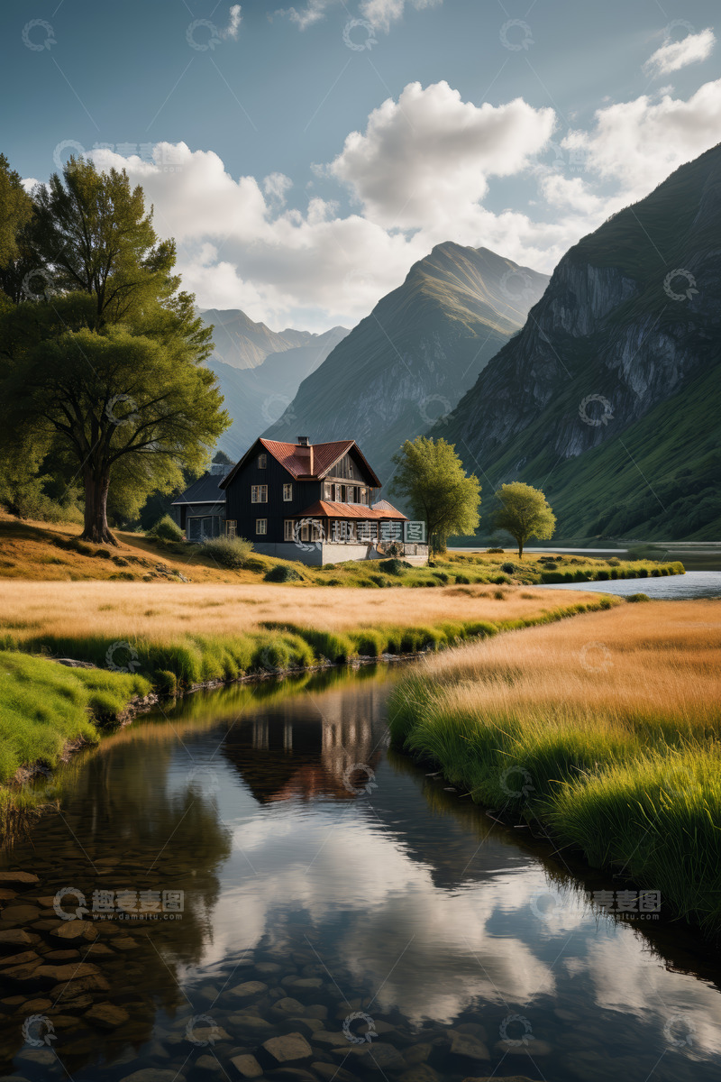 高清大图下载【趣麦麦图】山间小屋旁的溪流自然风光