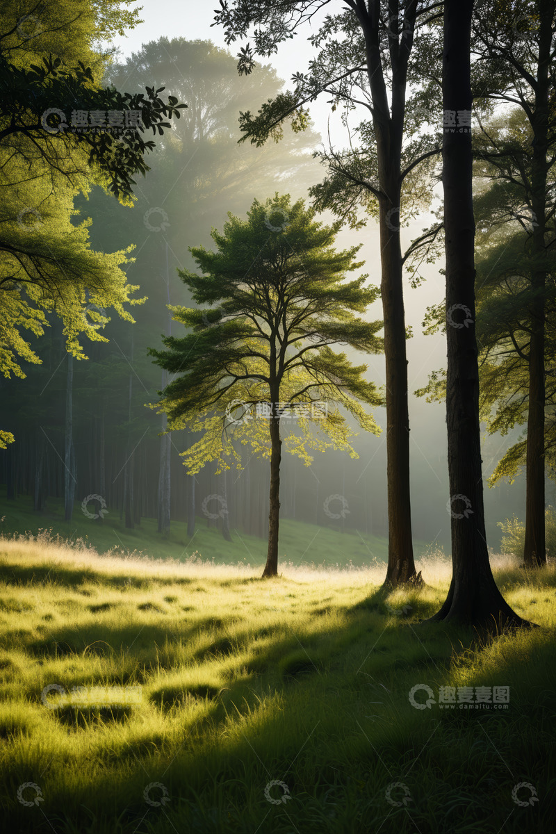 高清大图下载【趣麦麦图】阳光照耀下的森林草地风景