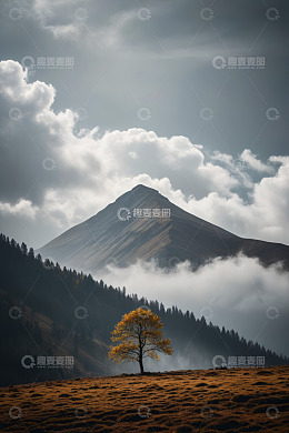 山间孤树与云雾风景