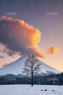 日本富士山雪景与孤树景观