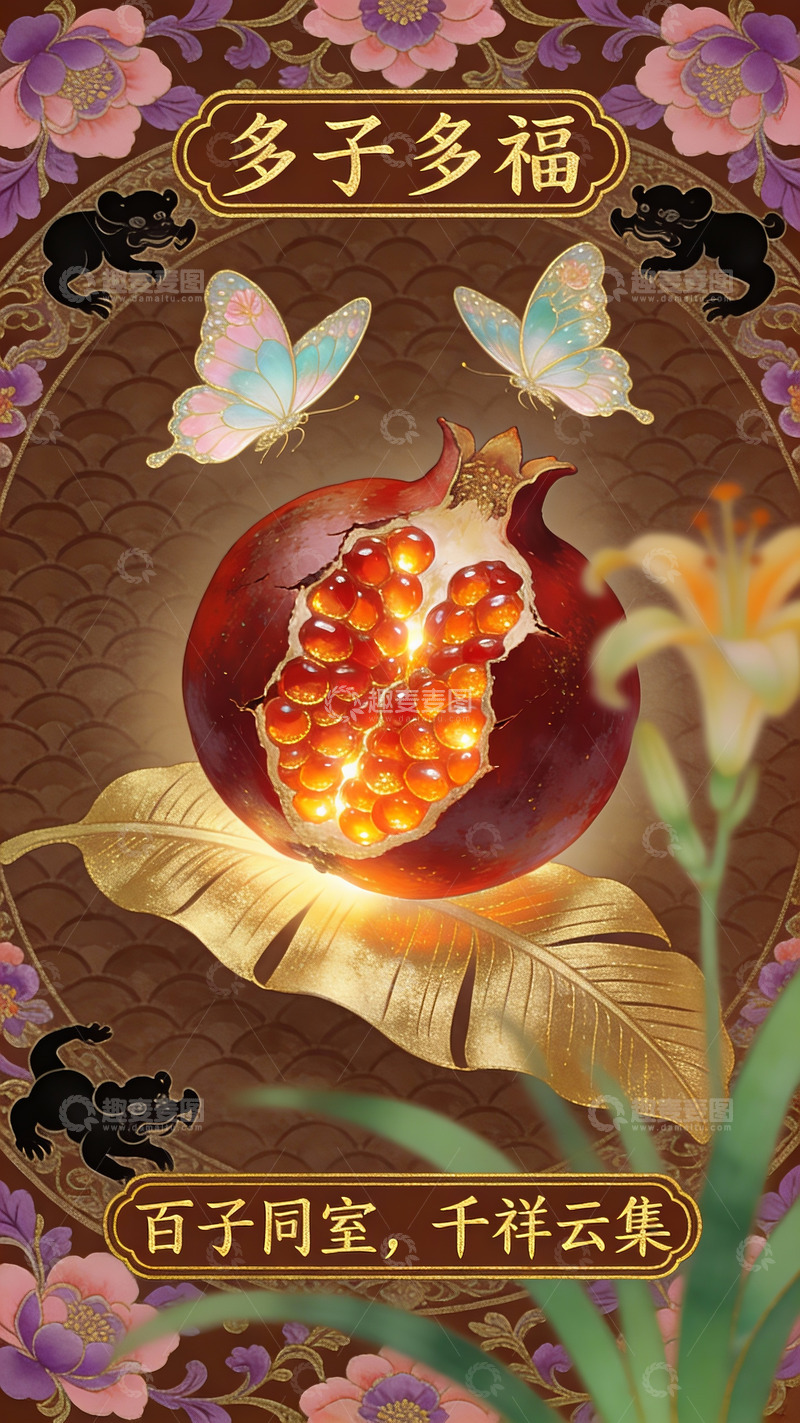 高清大图下载【趣麦麦图】多子多福：榴实盈枝的吉庆祥韵