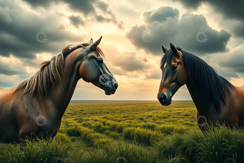 高清大图下载【趣麦麦图】草原上两匹马相对而立