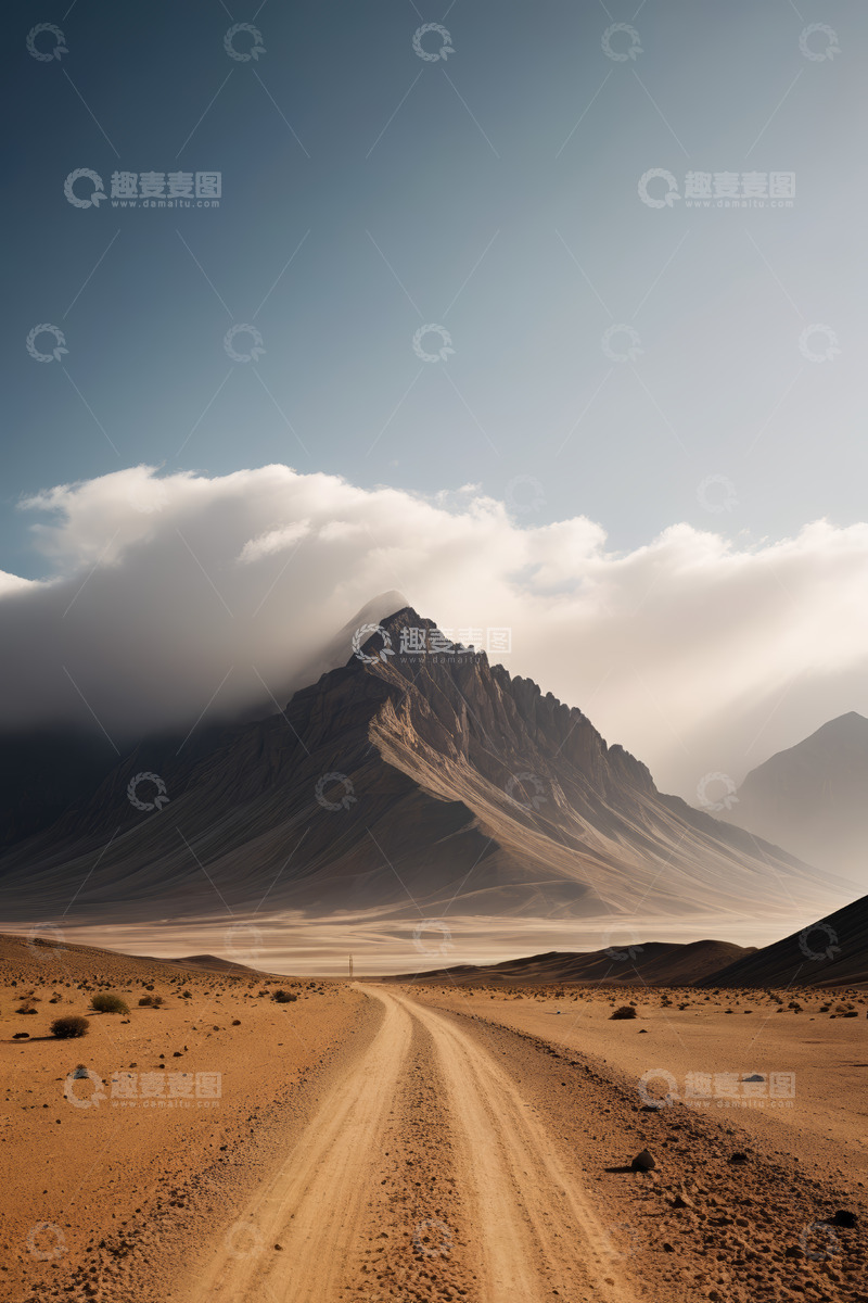 高清大图下载【趣麦麦图】沙漠中蜿蜒的山路与远山景观