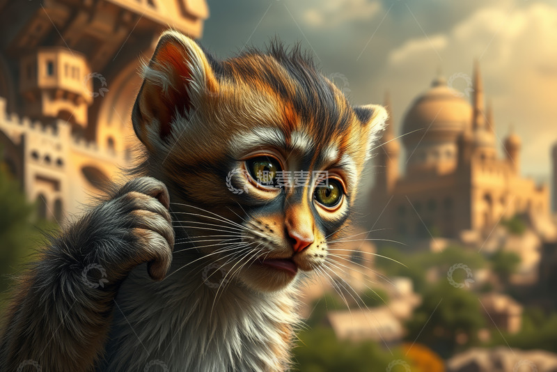 高清大图下载【趣麦麦图】异域建筑前的小猫特写