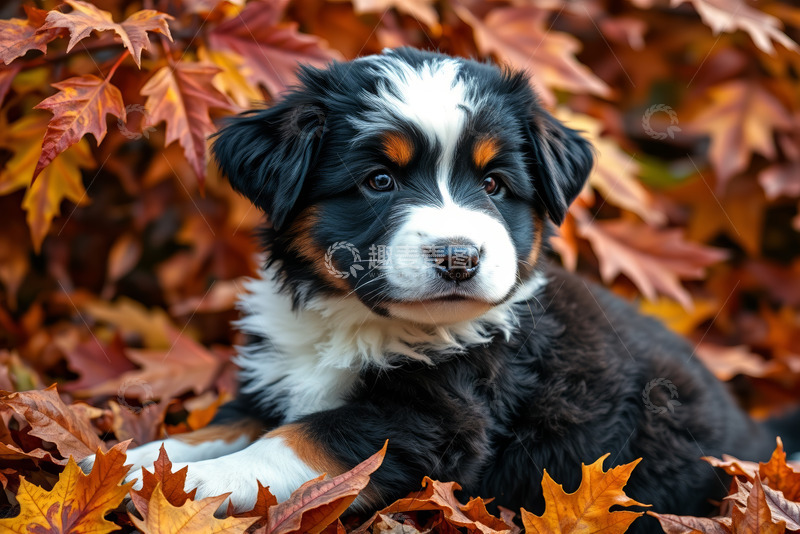 高清大图下载【趣麦麦图】秋景中趴着的三色小狗