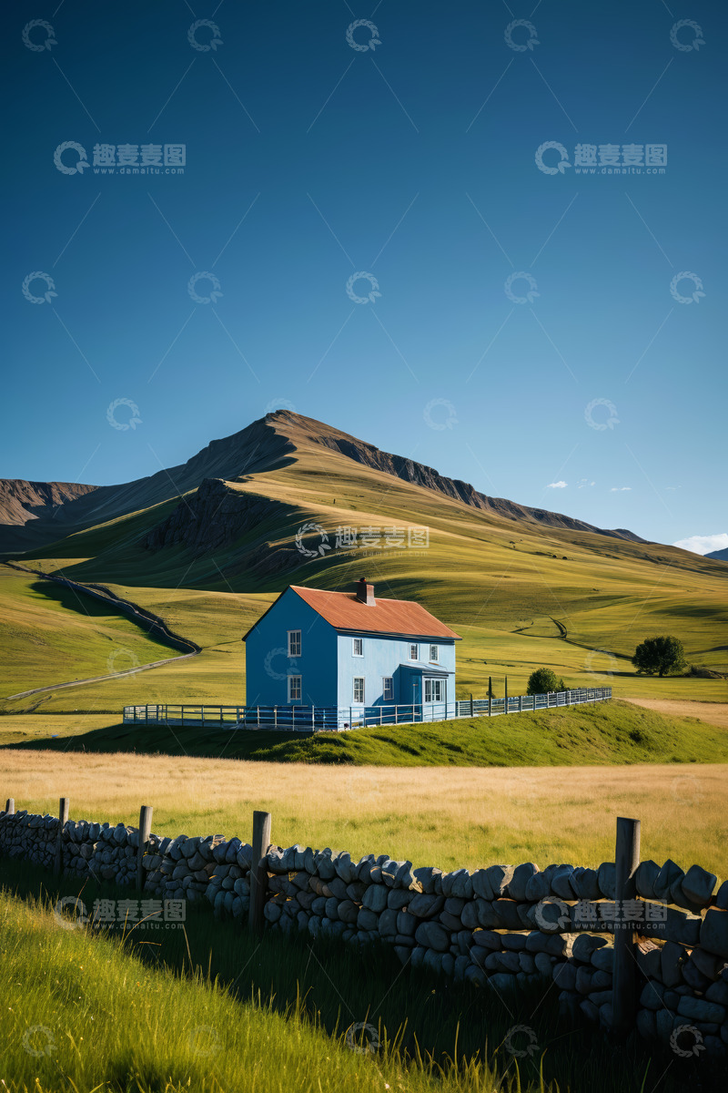 高清大图下载【趣麦麦图】草原山丘间的蓝色小屋