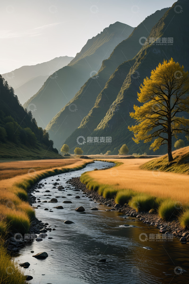 高清大图下载【趣麦麦图】山间河流与金黄树木自然景观