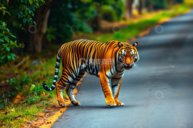 高清大图下载【趣麦麦图】公路上行走的老虎