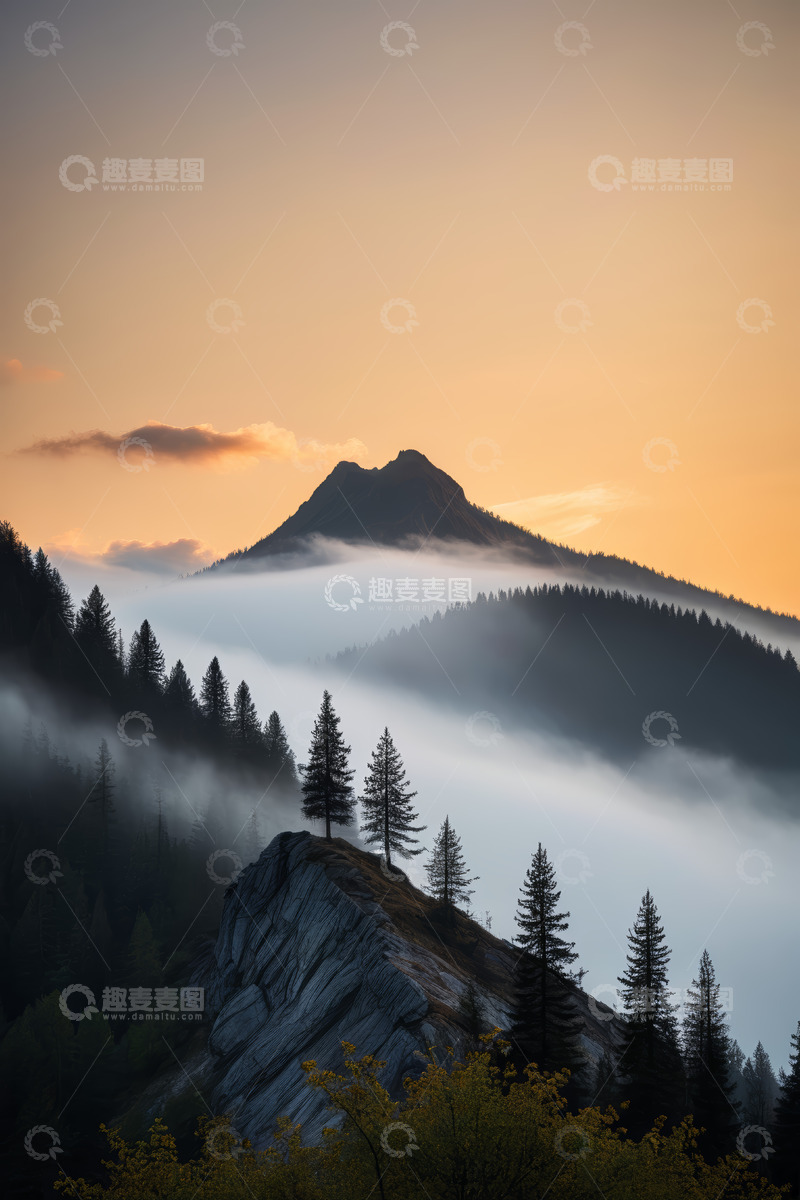 高清大图下载【趣麦麦图】山间晨雾中的森林与远山