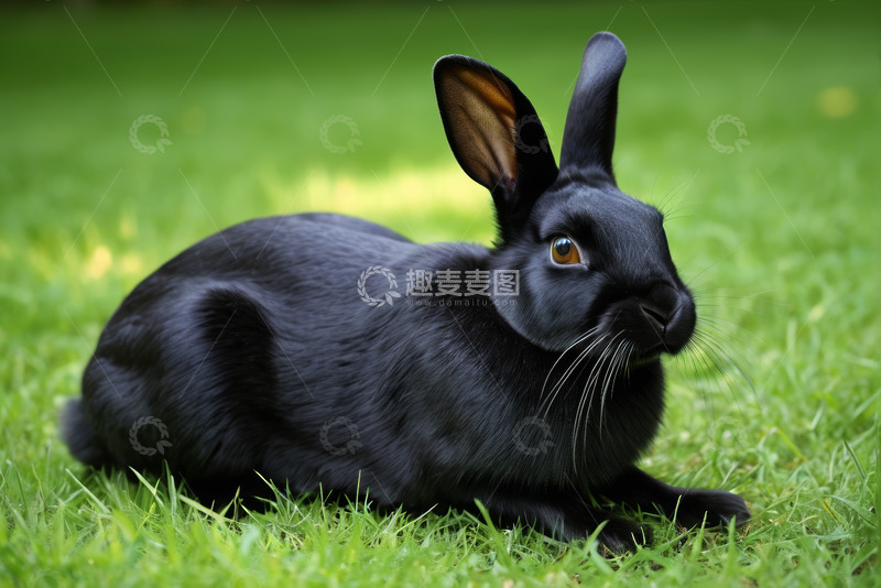 高清大图下载【趣麦麦图】草地上的黑色兔子