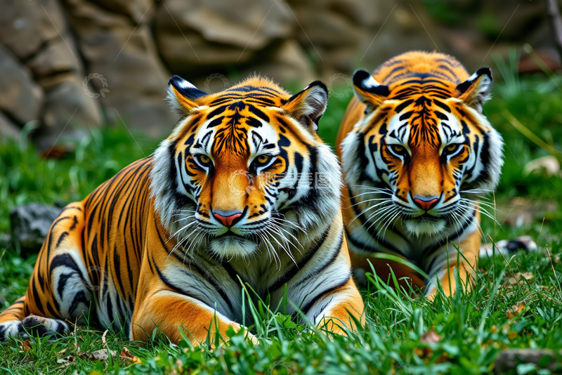 高清大图下载【趣麦麦图】两只老虎趴卧在草地上