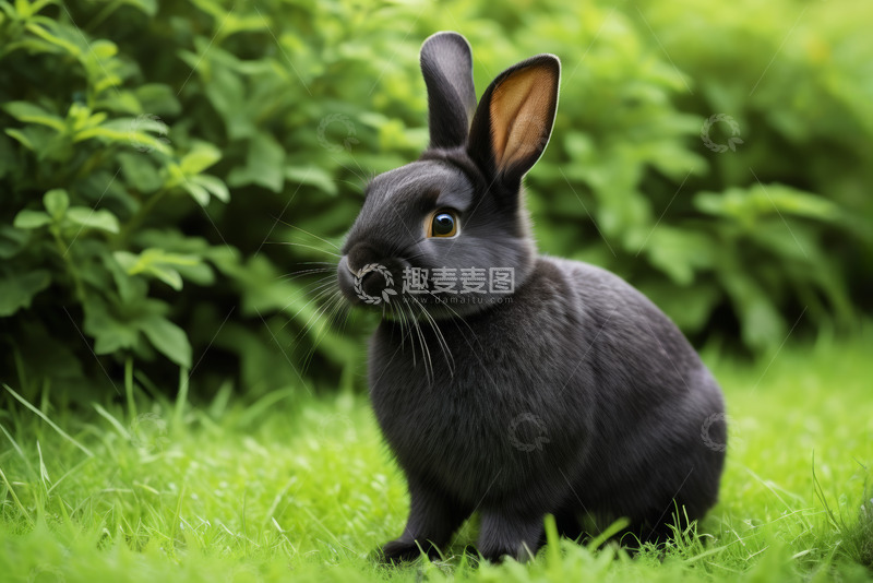 高清大图下载【趣麦麦图】草地上的黑色宠物兔子