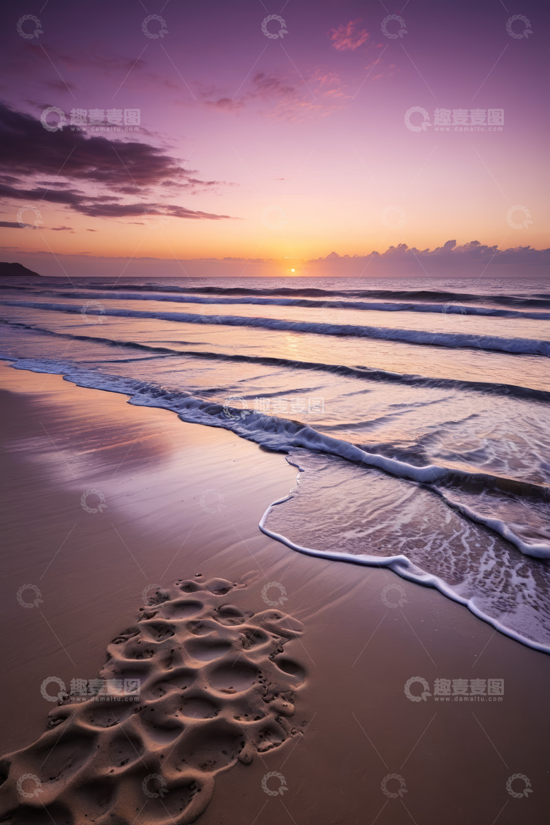 高清大图下载【趣麦麦图】海滩日落海浪沙滩脚印景象