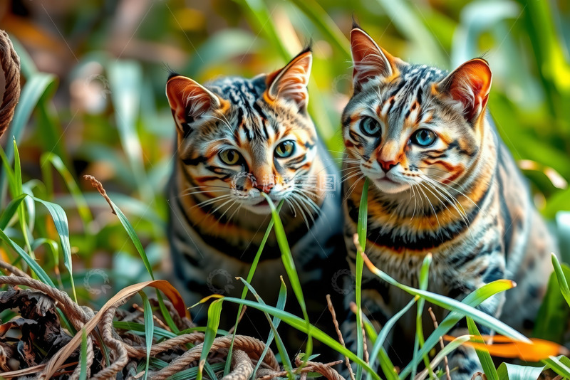 高清大图下载【趣麦麦图】两只斑纹猫在草丛中的特写