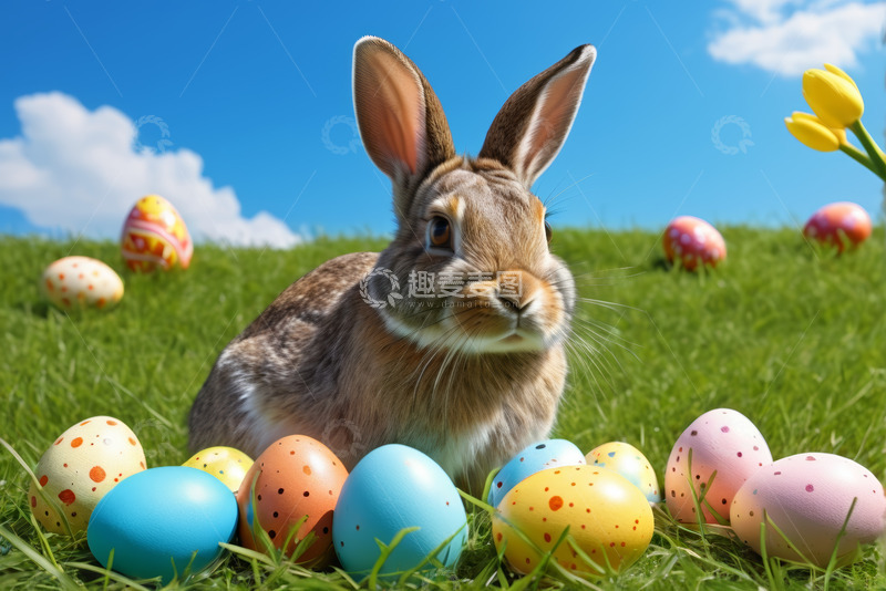 高清大图下载【趣麦麦图】草地上复活节兔子与彩蛋