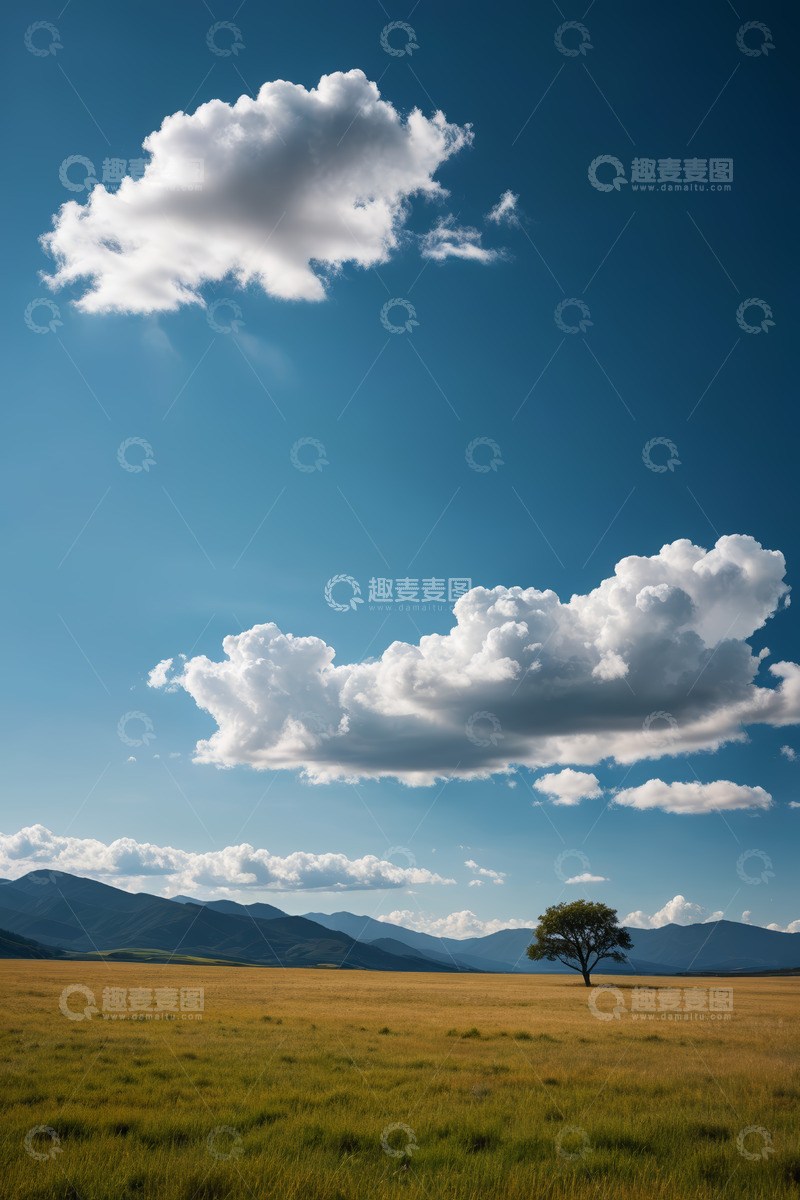 高清大图下载【趣麦麦图】广袤草原上的孤树与蓝天白云