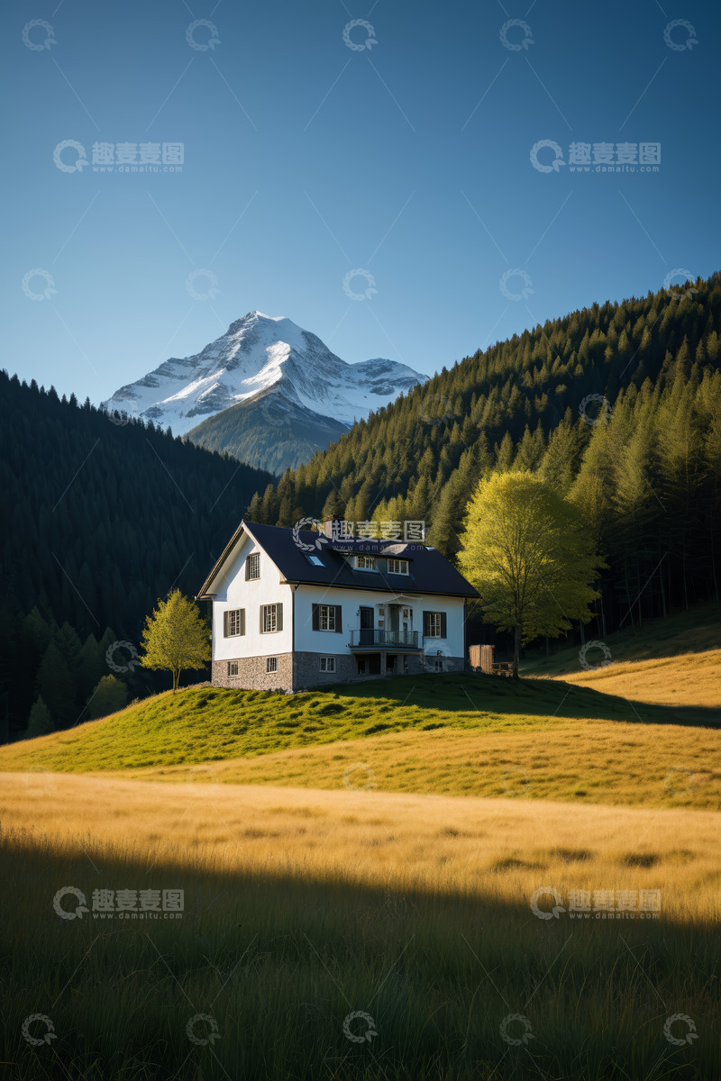 高清大图下载【趣麦麦图】山间草地旁的独栋房屋