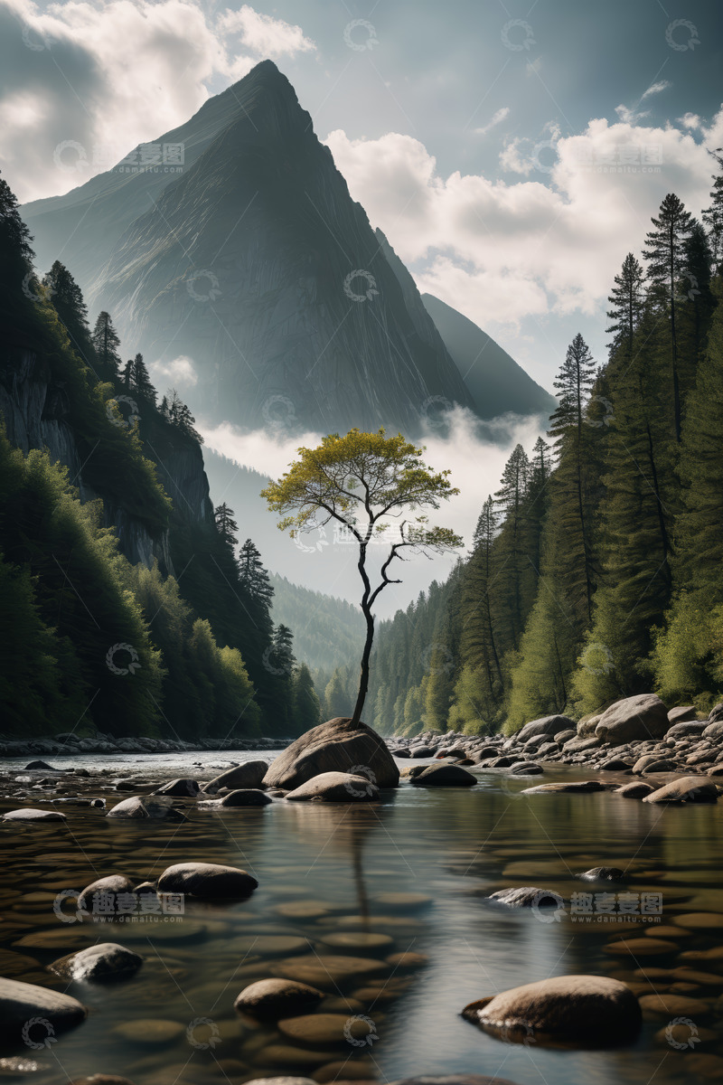 高清大图下载【趣麦麦图】山间河流旁的孤树自然景观