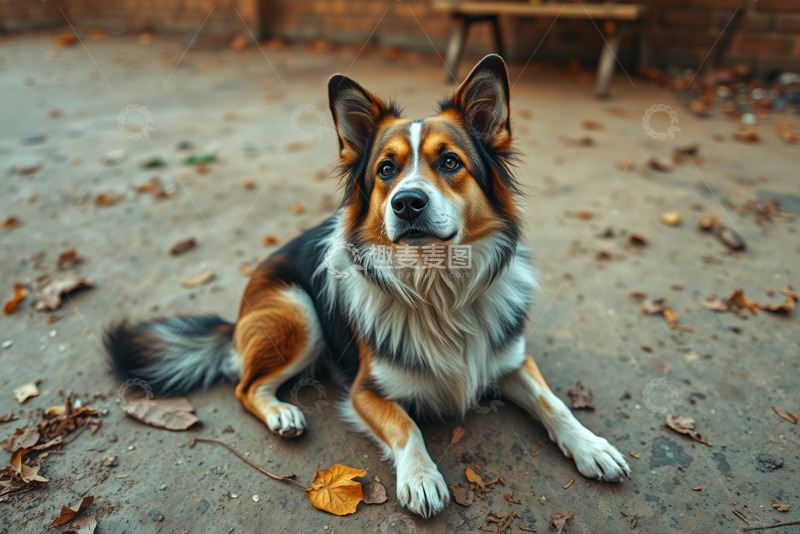 高清大图下载【趣麦麦图】户外趴卧的三色宠物狗