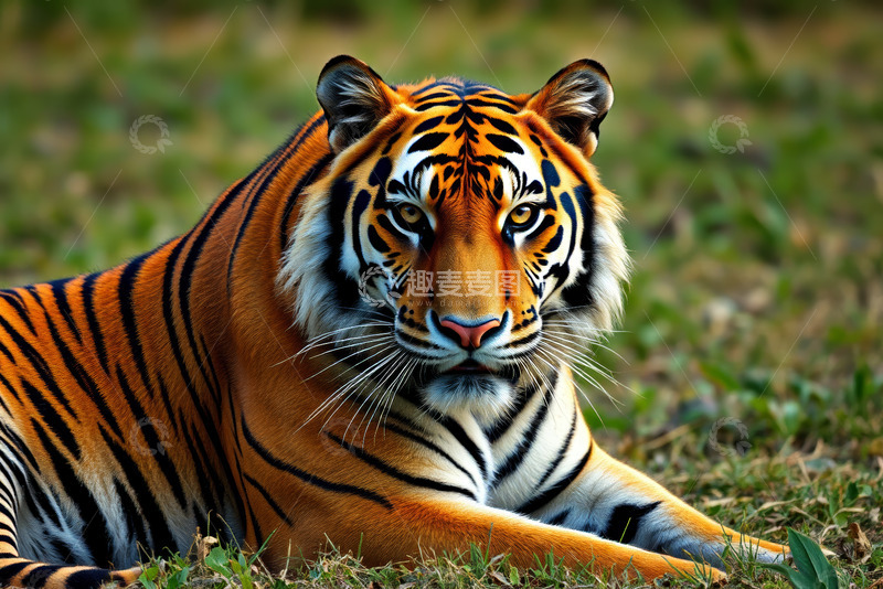 高清大图下载【趣麦麦图】草地上休憩的老虎