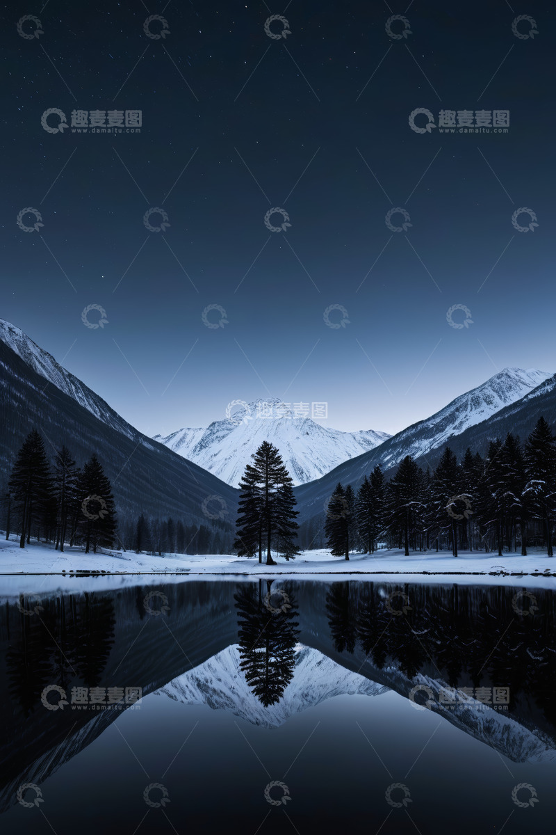 高清大图下载【趣麦麦图】雪山湖泊星空夜景