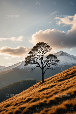 山坡上的孤树与远山景观