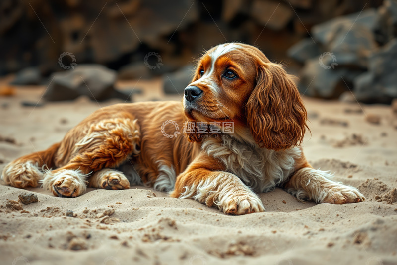 高清大图下载【趣麦麦图】沙滩上趴着的可卡犬